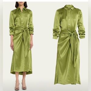 Cinq À Sept Jacey Green Silk Tie Waist Shirtdress Size 6